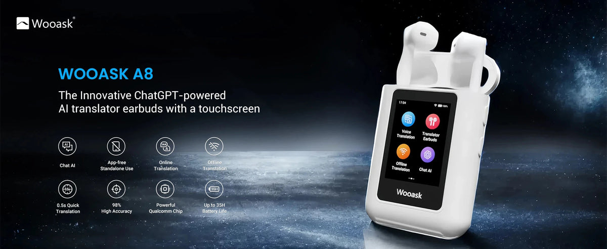 Wooask A8 Translator Earbuds – ChatGPT AI Touchscreen Earphones DealNede™