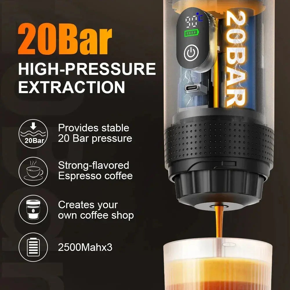 Portable 3-in-1 Espresso Machine – 20-Bar Wireless Coffee Maker for Hot & Cold Brew, Capsules & Ground Coffee, Travel & Car Use DealNede