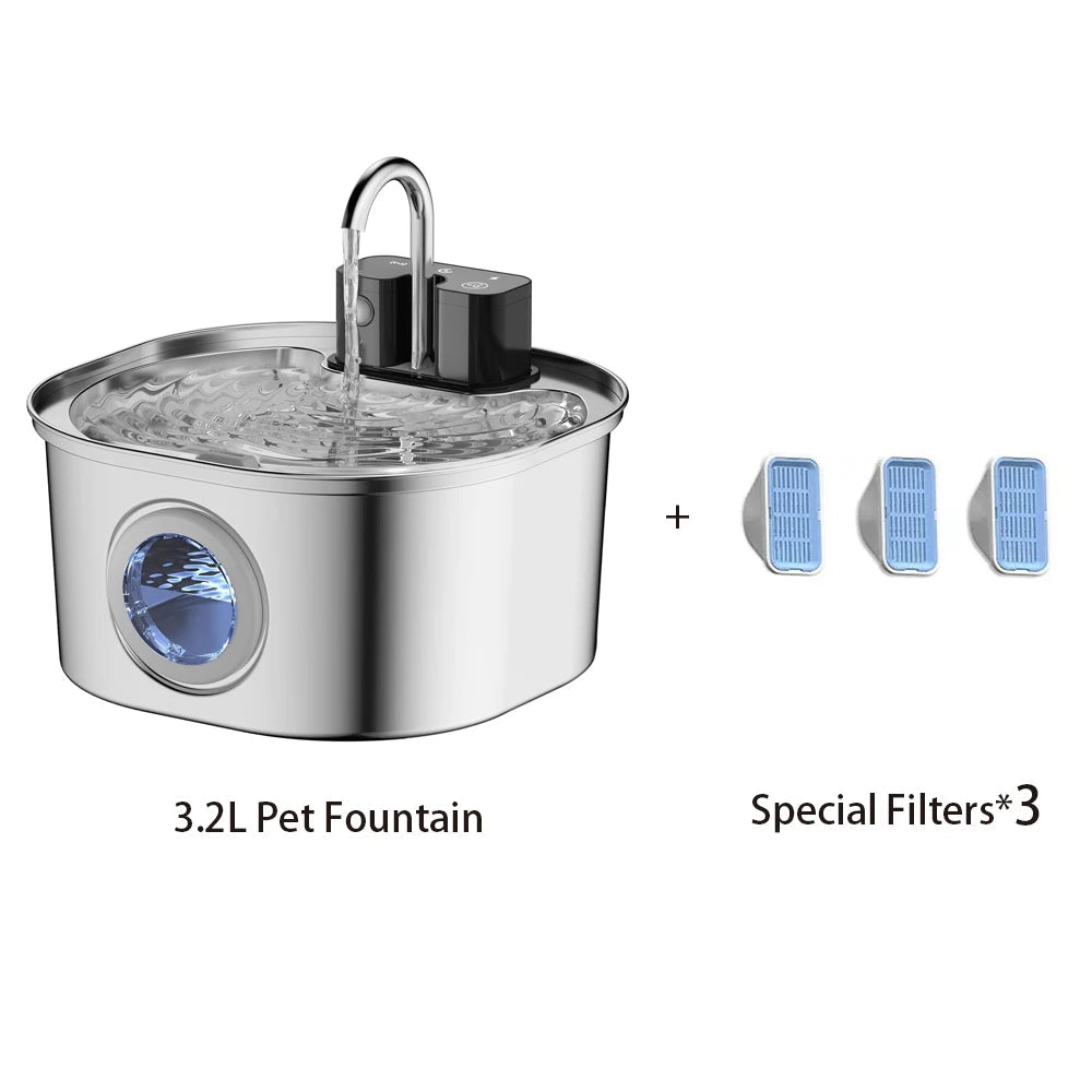 3.2L Wireless Stainless Steel Pet Water Fountain – Automatic Cat & Dog Drinking Dispenser with Faucet Flow, Smart Modes & Transparent Window DealNede