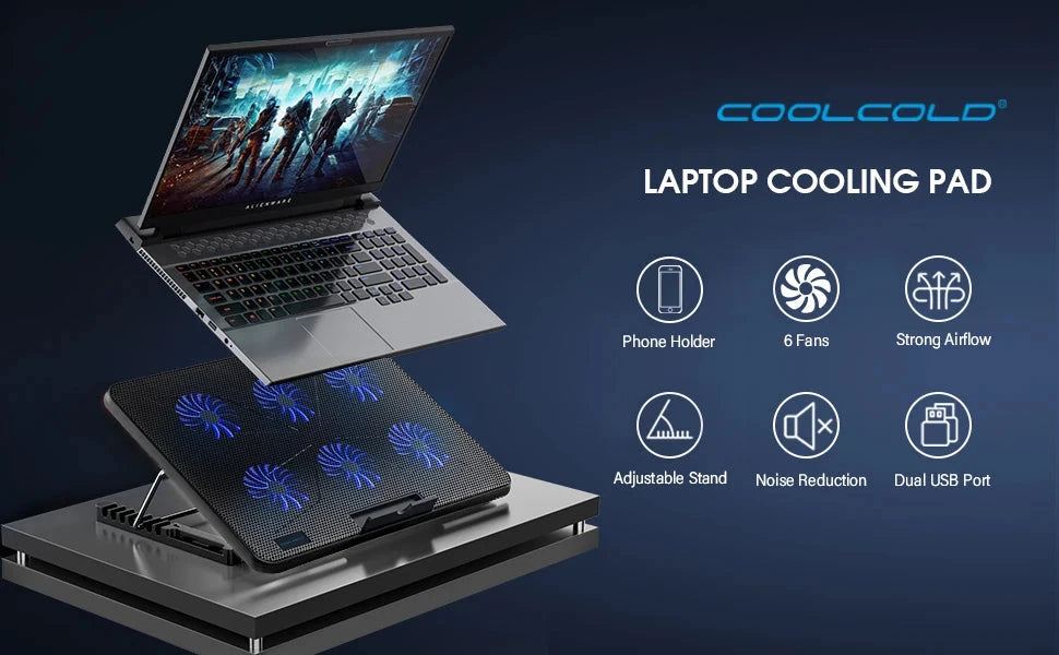 Coolcold 15.6-17.3inch Laptop Cooling Pad with 6 Quiet Fans,7 Height Wind Speed Adjustable,Laptop Cooer With Mobile Phone holder DealNede™