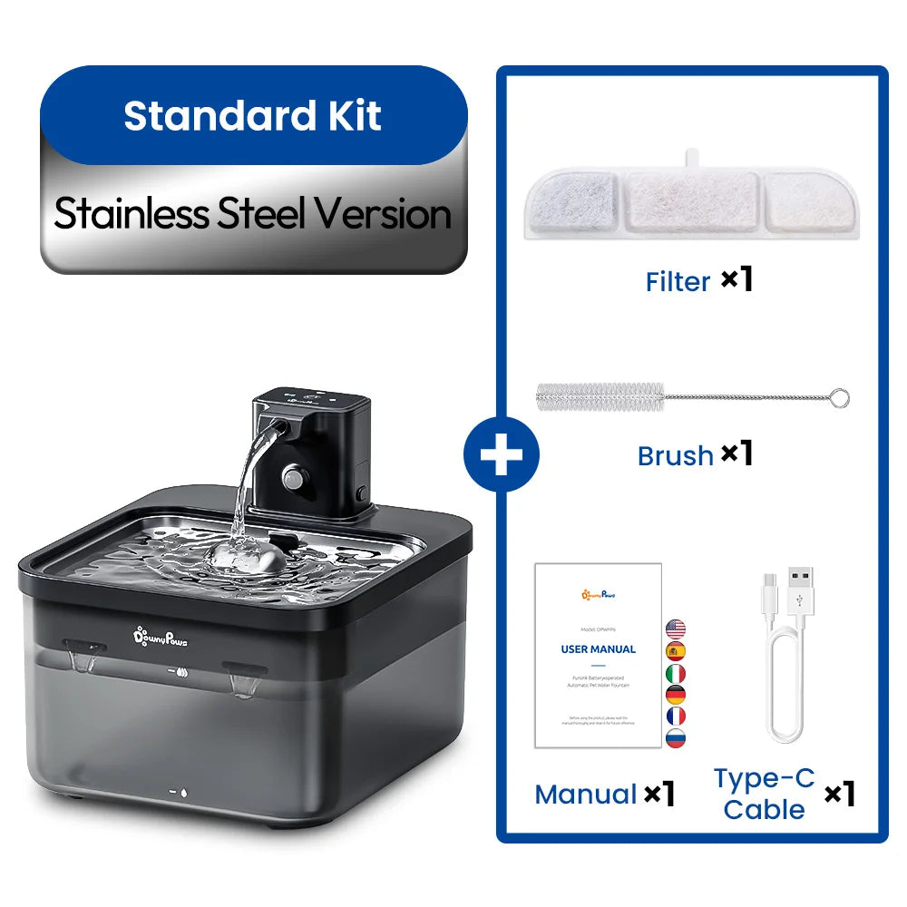 DownyPaws 2.5L Stainless Steel Cat Water Fountain – Wireless Automatic Pet Drinking Dispenser with 4000mAh Battery & Motion Sensor DealNede
