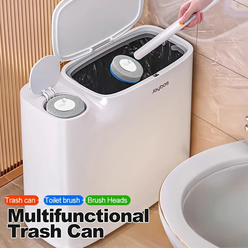 2-in-1 Trash Can With Toilet Brush And Brush Head | White Rectangular Modern Bathroom Narrow Seam Trash Can With Push-On Lid
