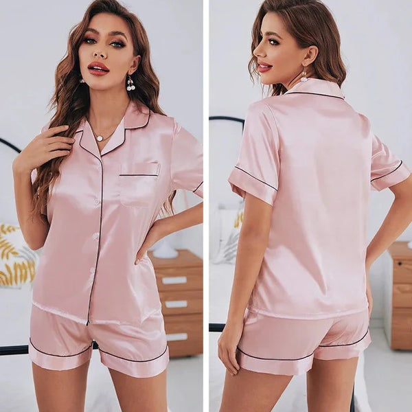 Silk Satin Pajamas Set Women Button-Down Short Sleeve Two-Piece DealNede™
