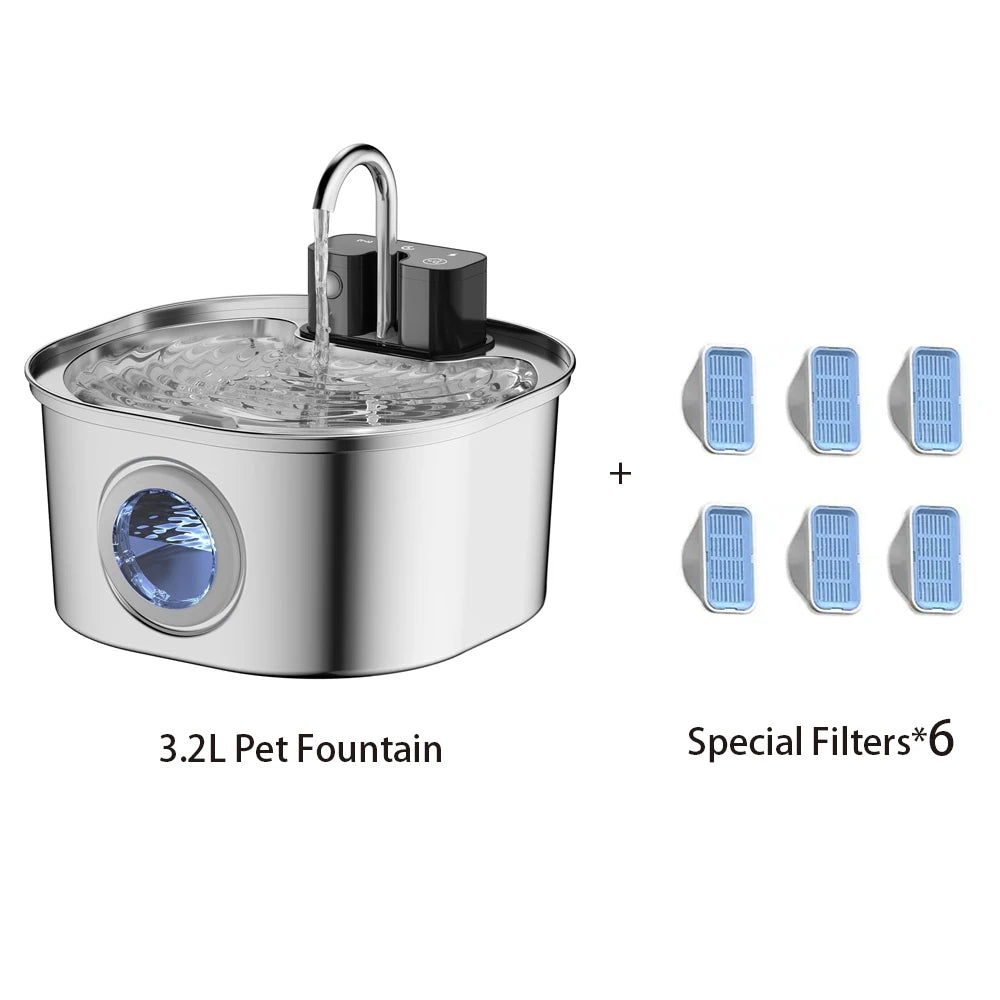 3.2L Wireless Stainless Steel Pet Water Fountain – Automatic Cat & Dog Drinking Dispenser with Faucet Flow, Smart Modes & Transparent Window DealNede