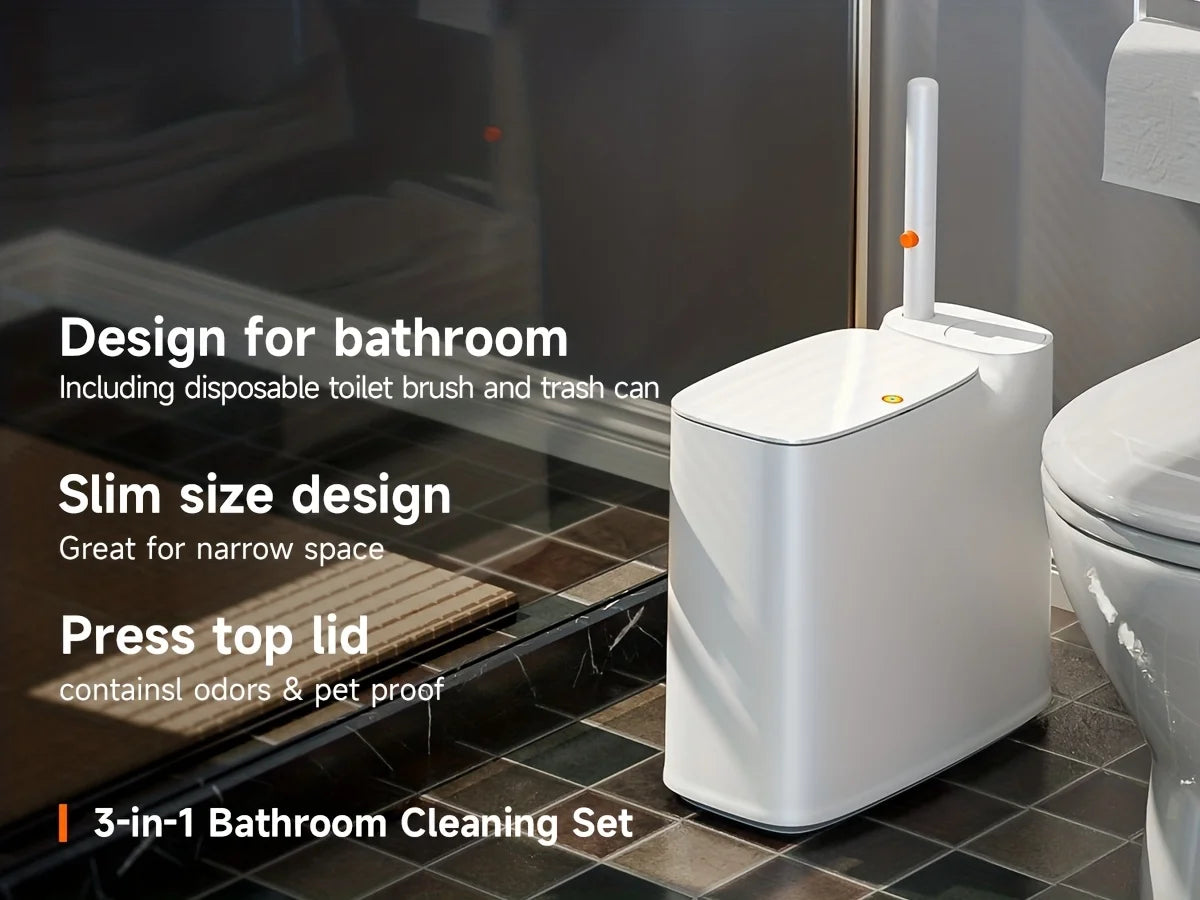 2-in-1 Trash Can With Toilet Brush And Brush Head | White Rectangular Modern Bathroom Narrow Seam Trash Can With Push-On Lid