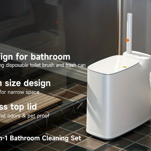 2-in-1 Trash Can With Toilet Brush And Brush Head | White Rectangular Modern Bathroom Narrow Seam Trash Can With Push-On Lid