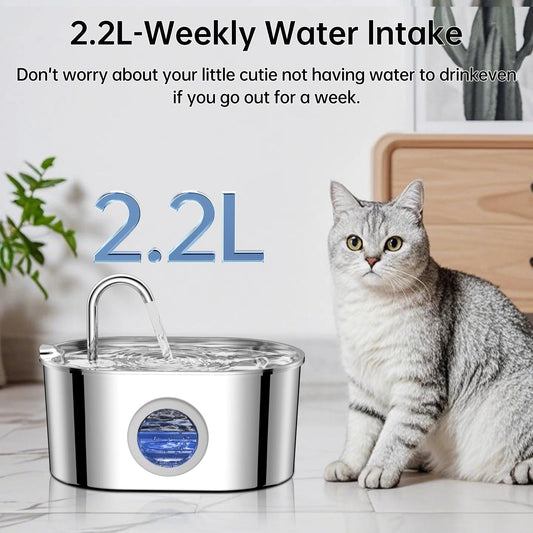 2.2L Stainless Steel Cat & Dog Water Fountain – Automatic Ultra-Quiet Pet Water Dispenser with Transparent Window & Filter System DealNede