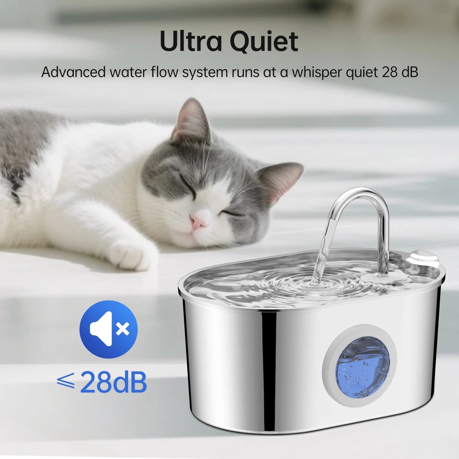 2.2L Stainless Steel Cat & Dog Water Fountain – Automatic Ultra-Quiet Pet Water Dispenser with Transparent Window & Filter System DealNede