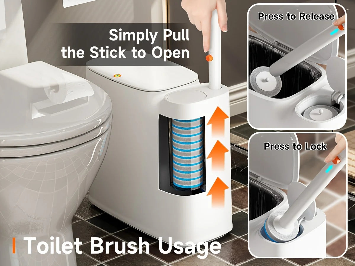 2-in-1 Trash Can With Toilet Brush And Brush Head | White Rectangular Modern Bathroom Narrow Seam Trash Can With Push-On Lid