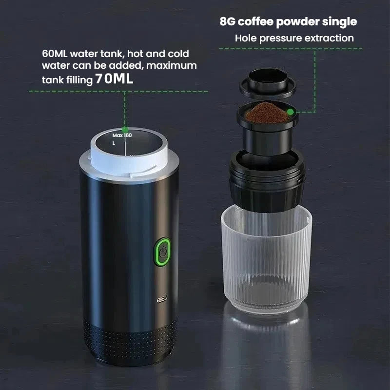 Portable Wireless 20‑Bar Espresso Maker – 3‑in‑1 Capsule & Ground Coffee Machine for Car, Home, Camping & Travel DealNede