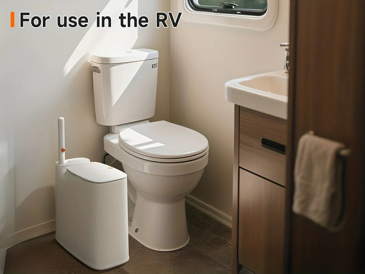 2-in-1 Trash Can With Toilet Brush And Brush Head | White Rectangular Modern Bathroom Narrow Seam Trash Can With Push-On Lid
