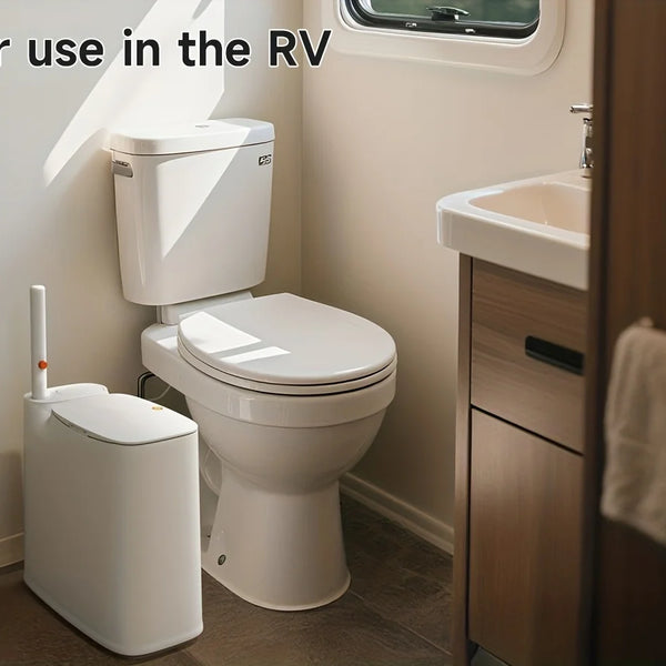 2-in-1 Trash Can With Toilet Brush And Brush Head | White Rectangular Modern Bathroom Narrow Seam Trash Can With Push-On Lid