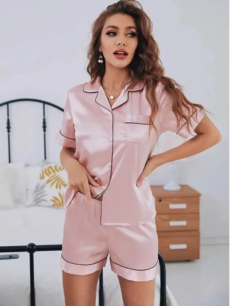 Silk Satin Pajamas Set Women Button-Down Short Sleeve Two-Piece DealNede™