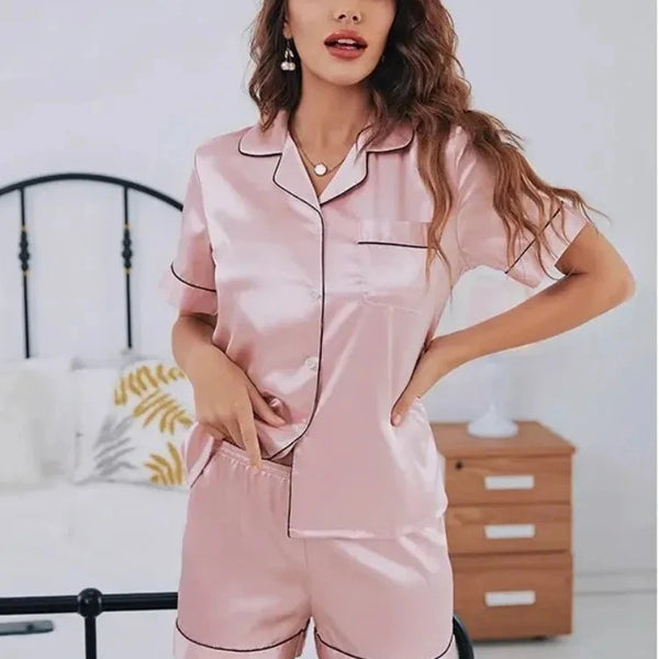 Silk Satin Pajamas Set Women Button-Down Short Sleeve Two-Piece DealNede™