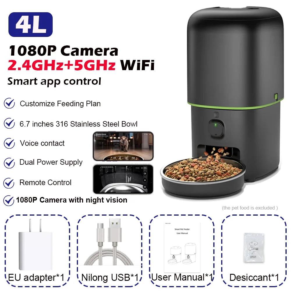 FURPIPI 4L Smart Automatic Cat Feeder with 1080P Camera, 2.4G/5G WiFi, App Control, Two-Way Audio & Stainless Steel Bowl for Cats & Dogs DealNede