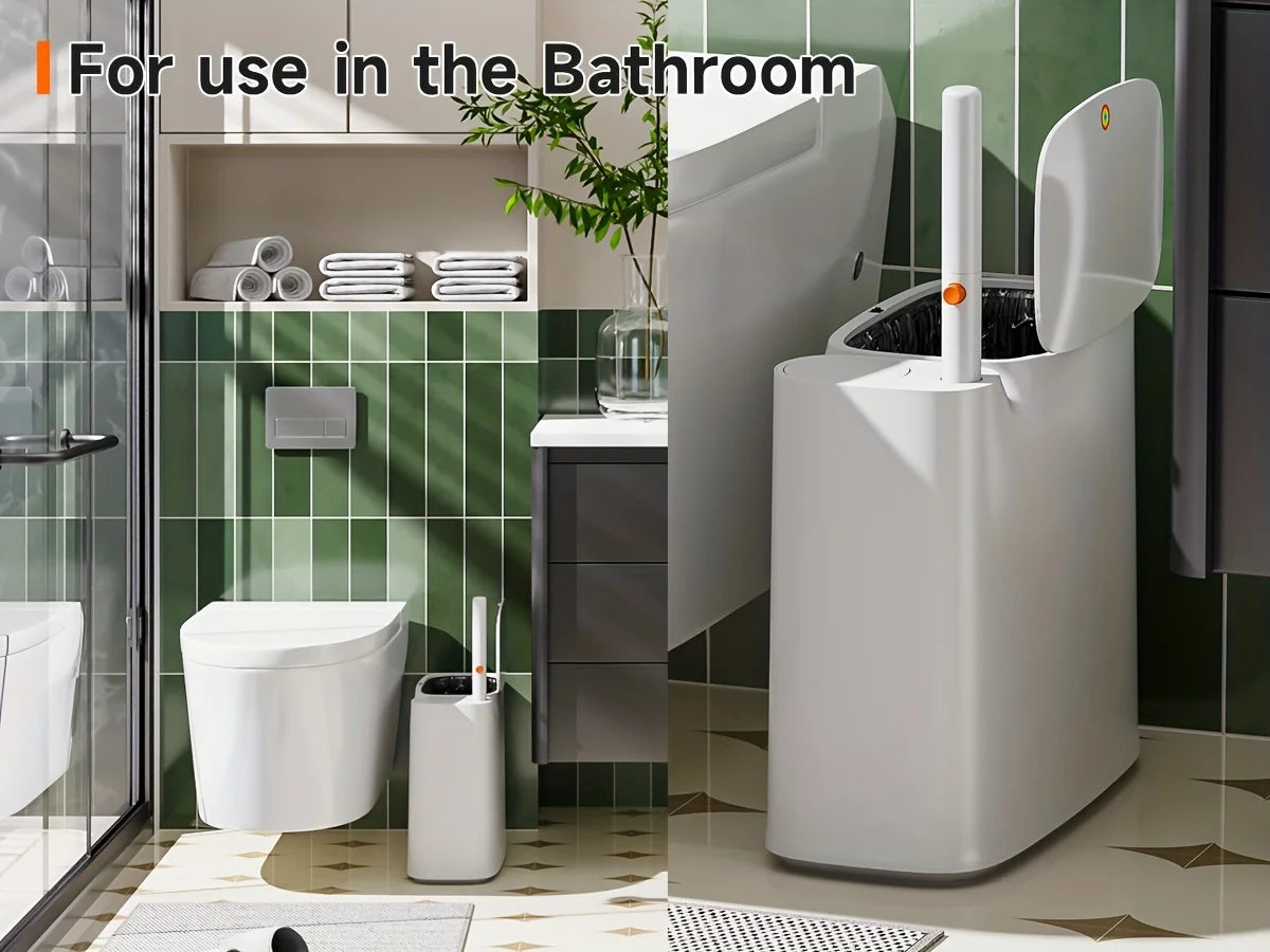 2-in-1 Trash Can With Toilet Brush And Brush Head | White Rectangular Modern Bathroom Narrow Seam Trash Can With Push-On Lid