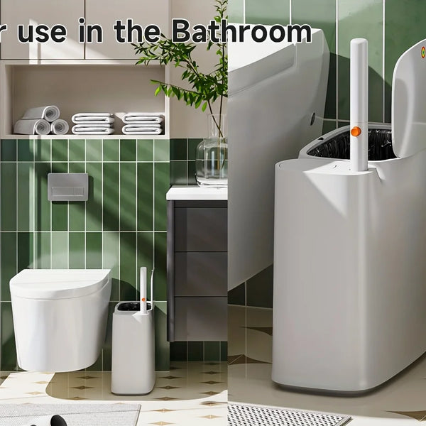 2-in-1 Trash Can With Toilet Brush And Brush Head | White Rectangular Modern Bathroom Narrow Seam Trash Can With Push-On Lid