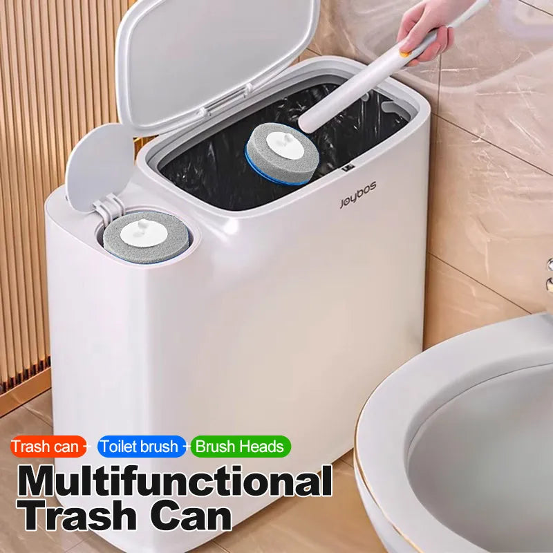 2-In-1 Trash Can with Toilet Brush And Brush Head | White Rectangular Modern Bathroom Narrow Seam Trash Can with Push-On Lid, Di