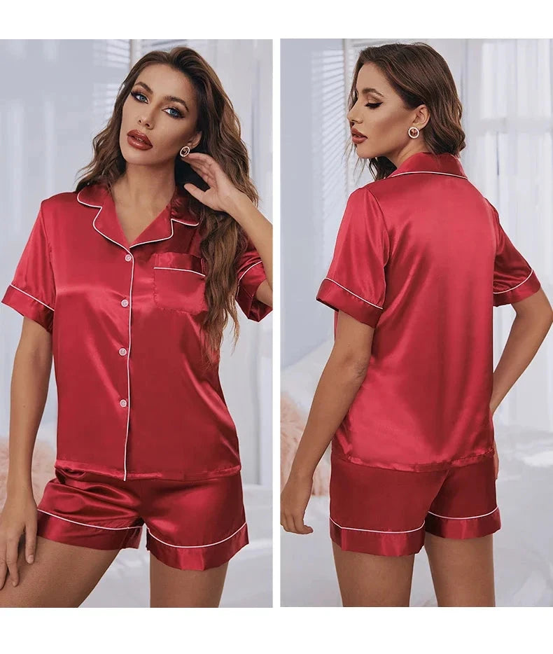 Silk Satin Pajamas Set Women Button-Down Short Sleeve Two-Piece DealNede™