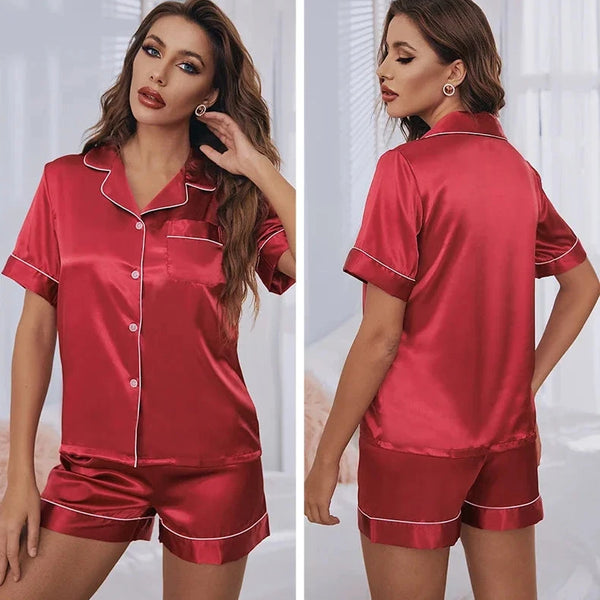 Silk Satin Pajamas Set Women Button-Down Short Sleeve Two-Piece DealNede™