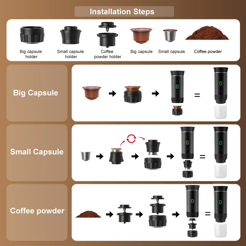 Portable Wireless 20‑Bar Espresso Maker – 3‑in‑1 Capsule & Ground Coffee Machine for Car, Home, Camping & Travel DealNede
