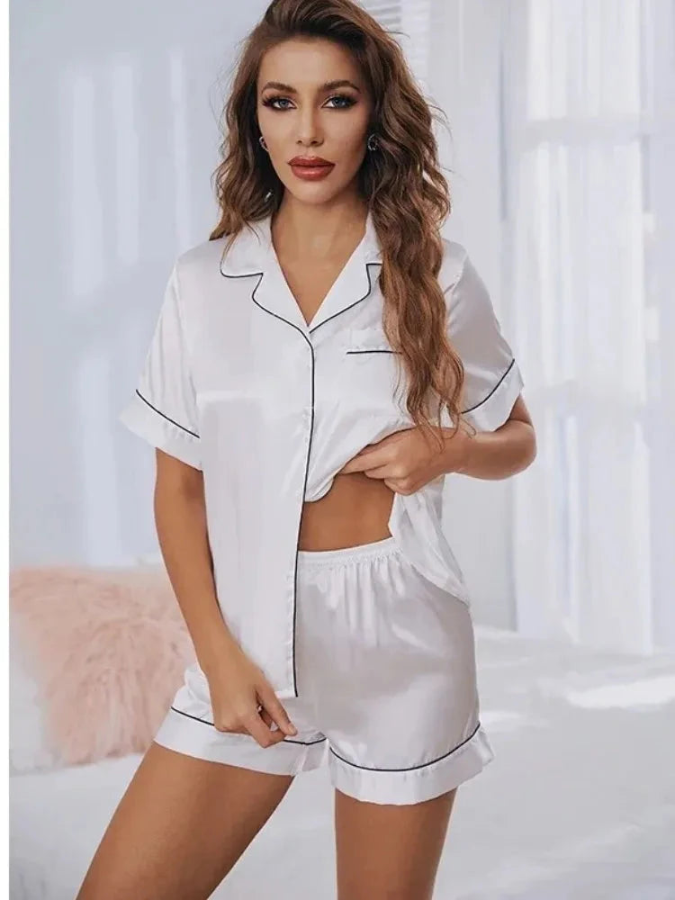 Silk Satin Pajamas Set Women Button-Down Short Sleeve Two-Piece DealNede™