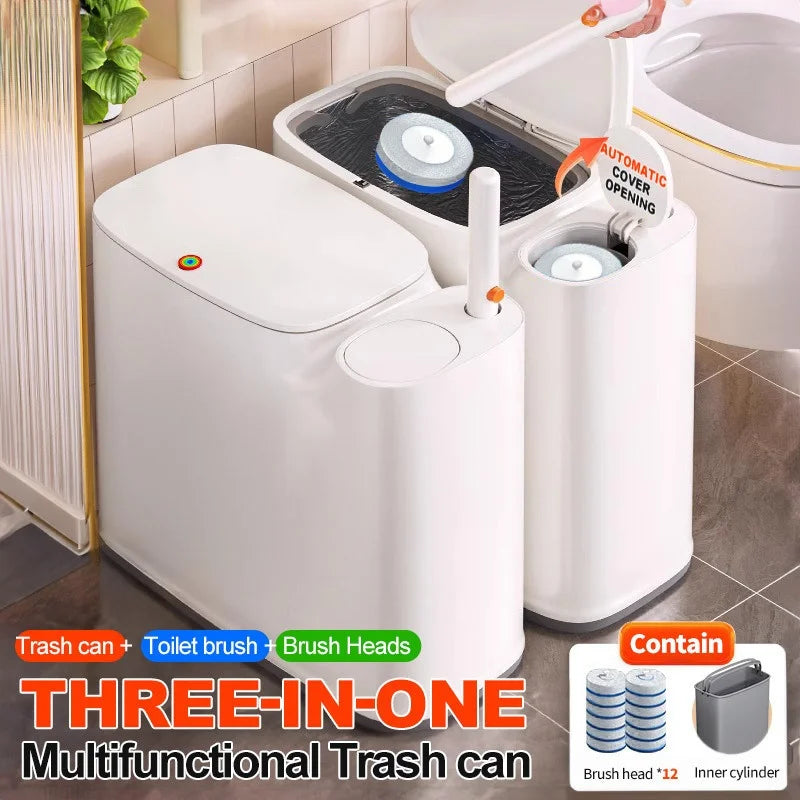 2-in-1 Trash Can With Toilet Brush And Brush Head | White Rectangular Modern Bathroom Narrow Seam Trash Can With Push-On Lid