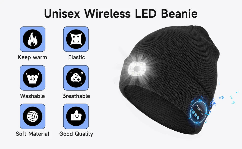 Night Run Marathon Night Fishing Bluetooth LED Light Warm Cap USB Rechargeable Music Knitted Cap 3 Gear Light Adjustment Cap DealNede™