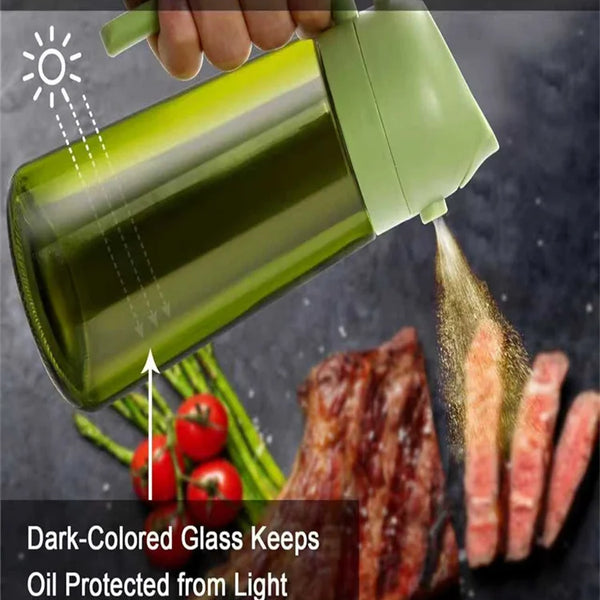 Olive Oil Dispenser,Sprayer for Cooking 2 in 1- Spray and Pour,Dark Green Glass Oil Bottlewith Stickers,16oz/470ml Oil Sprayer