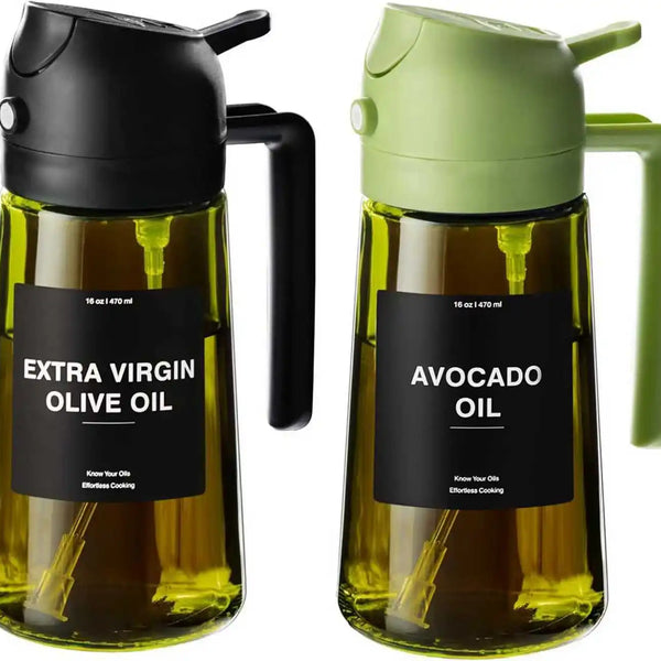 Olive Oil Dispenser,Sprayer for Cooking 2 in 1- Spray and Pour,Dark Green Glass Oil Bottlewith Stickers,16oz/470ml Oil Sprayer