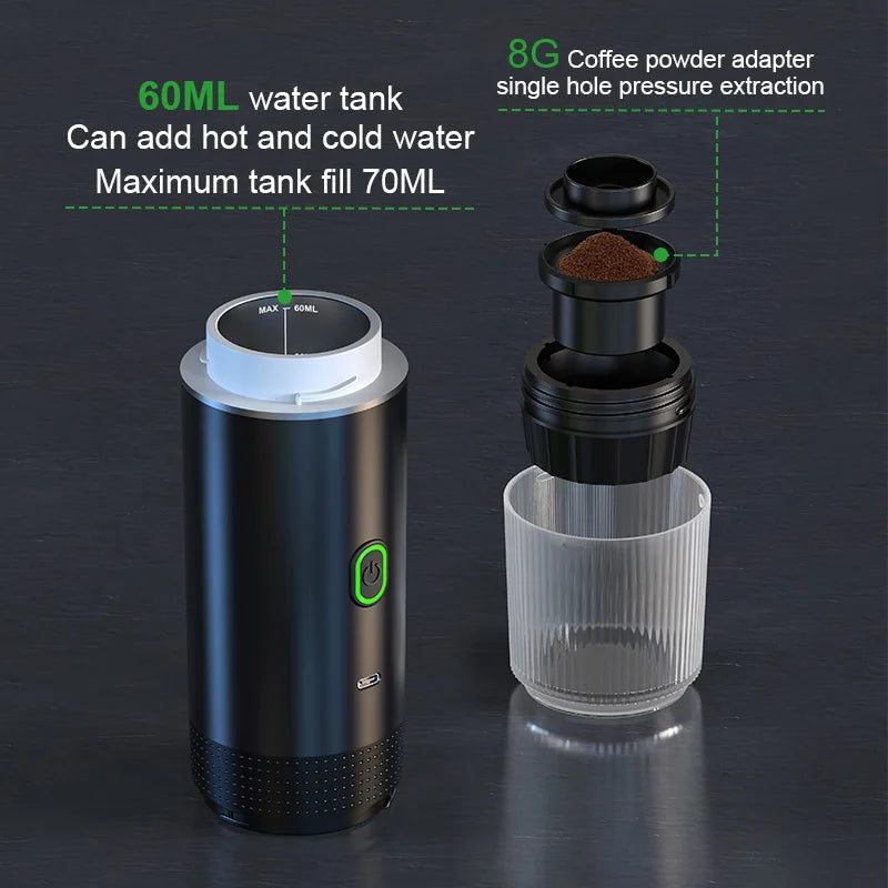 Portable Wireless 20‑Bar Espresso Maker – 3‑in‑1 Capsule & Ground Coffee Machine for Car, Home, Camping & Travel DealNede