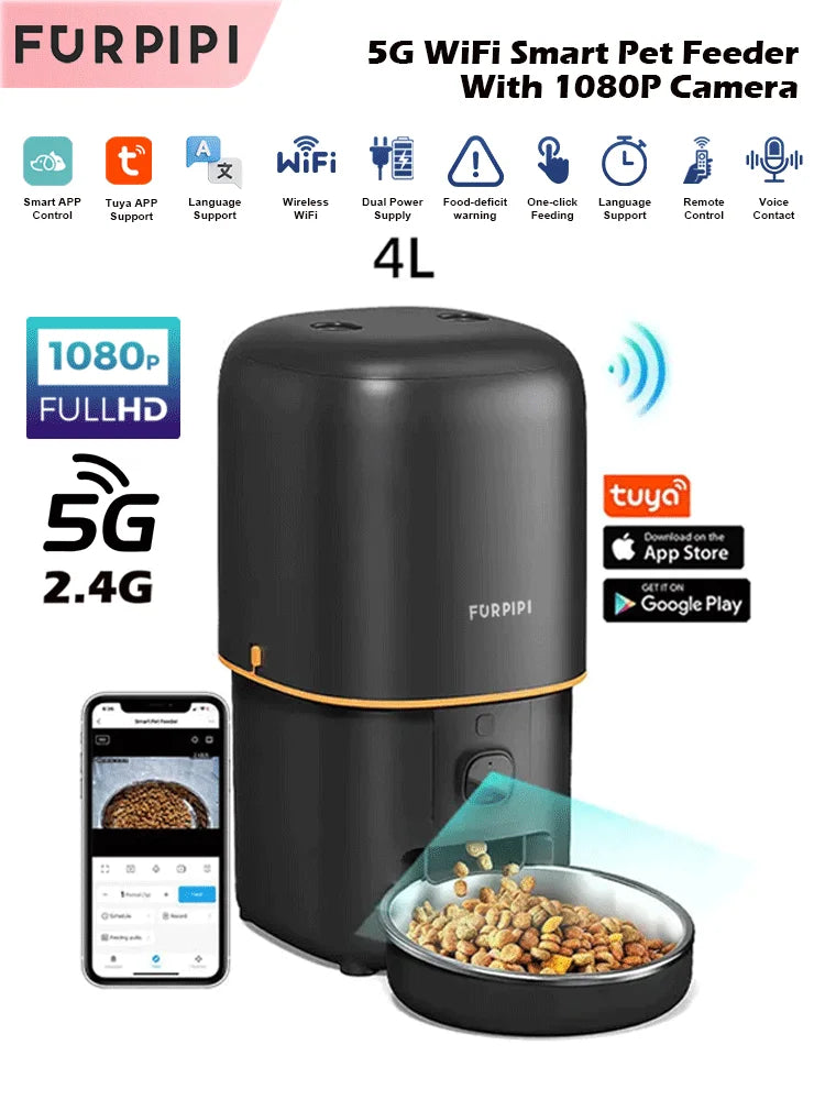 FURPIPI 4L Smart Automatic Cat Feeder with 1080P Camera, 2.4G/5G WiFi, App Control, Two-Way Audio & Stainless Steel Bowl for Cats & Dogs DealNede