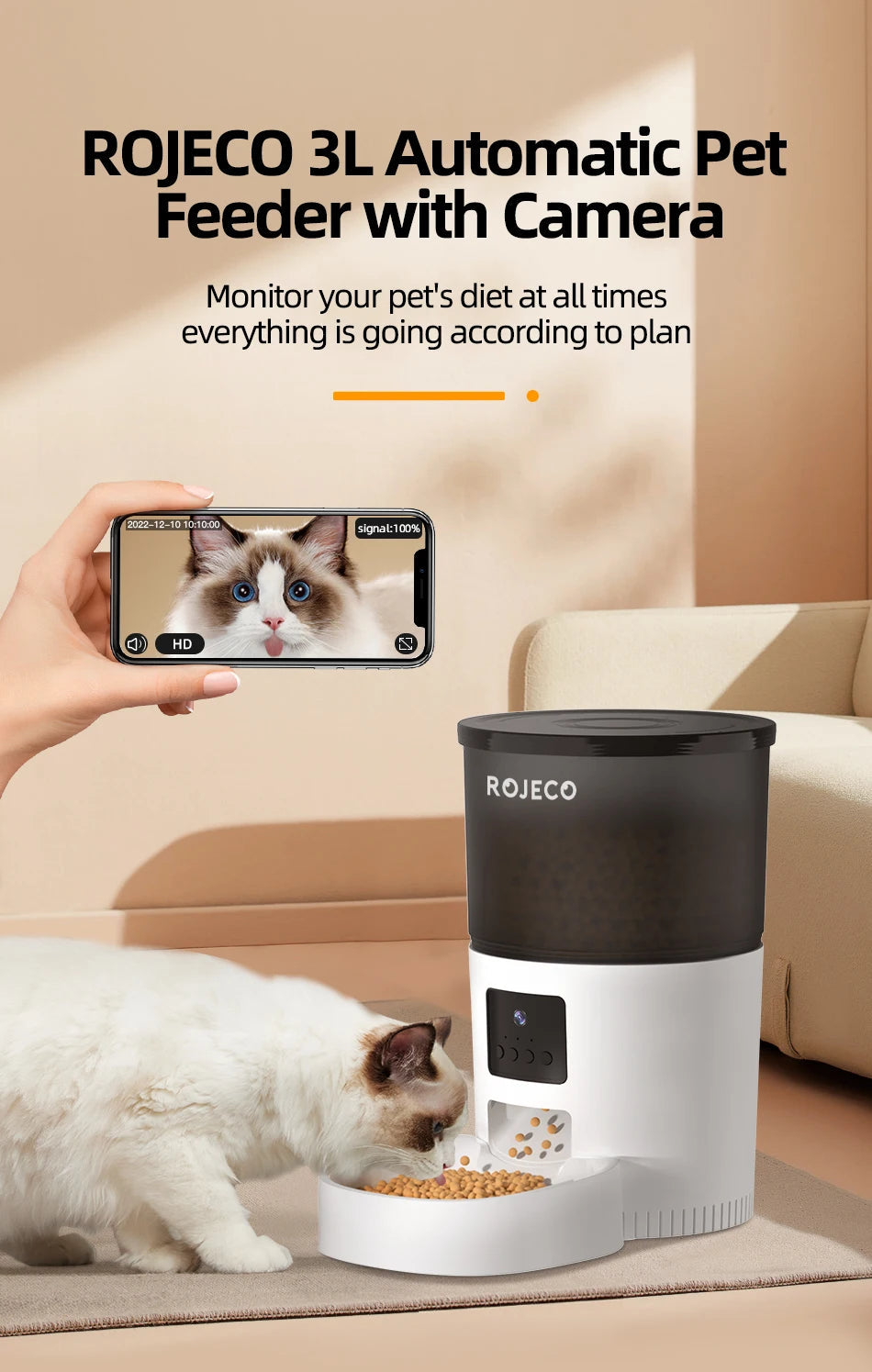 ROJECO Luxury Smart Pet Feeder with Camera – WiFi Cat & Dog Food Dispenser, HD Video Monitoring, Voice Meal Call, Remote App Control DealNede