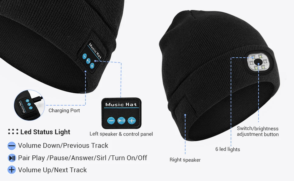Night Run Marathon Night Fishing Bluetooth LED Light Warm Cap USB Rechargeable Music Knitted Cap 3 Gear Light Adjustment Cap DealNede™