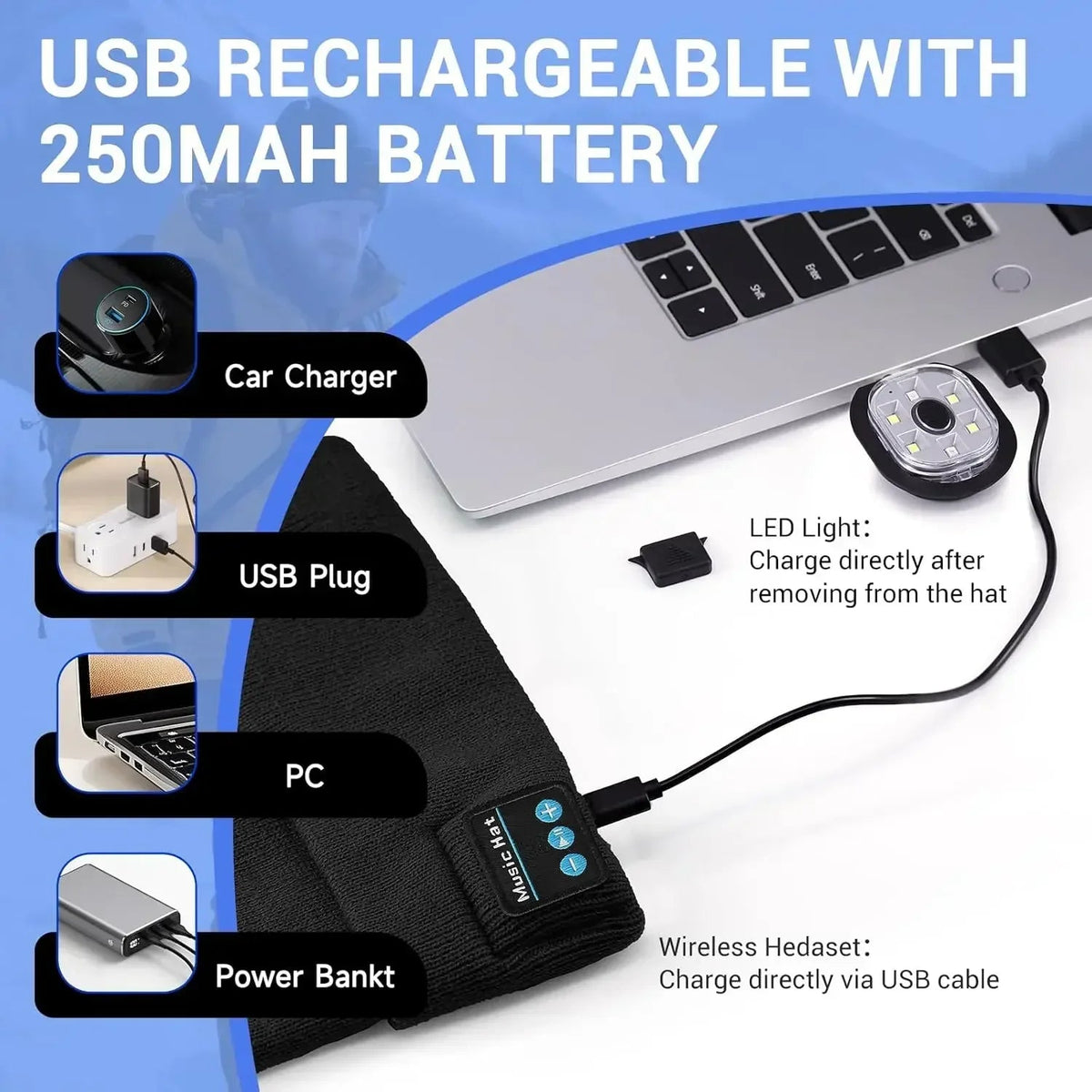 Night Run Marathon Night Fishing Bluetooth LED Light Warm Cap USB Rechargeable Music Knitted Cap 3 Gear Light Adjustment Cap DealNede™