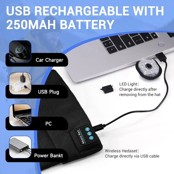 Night Run Marathon Night Fishing Bluetooth LED Light Warm Cap USB Rechargeable Music Knitted Cap 3 Gear Light Adjustment Cap DealNede™