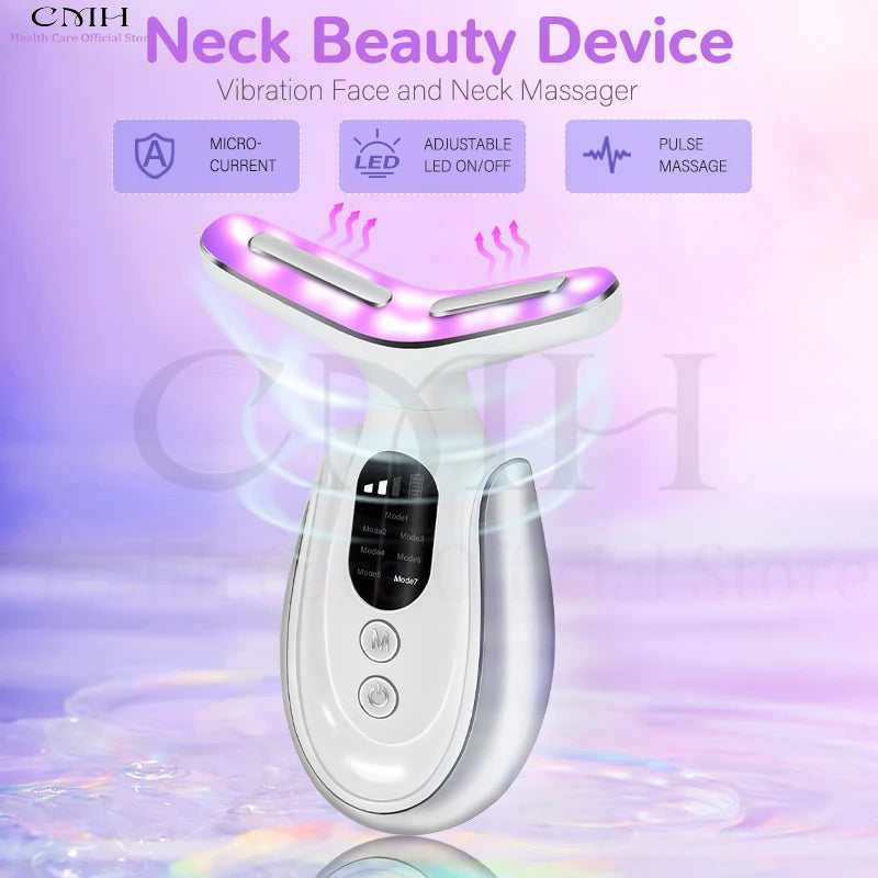 Neck Beauty Device 7 in 1 LED Therapy Microcurrent Anti Wrinkle Face Massager Deep Cleansing Hot Compress for Skin Rejuvenation