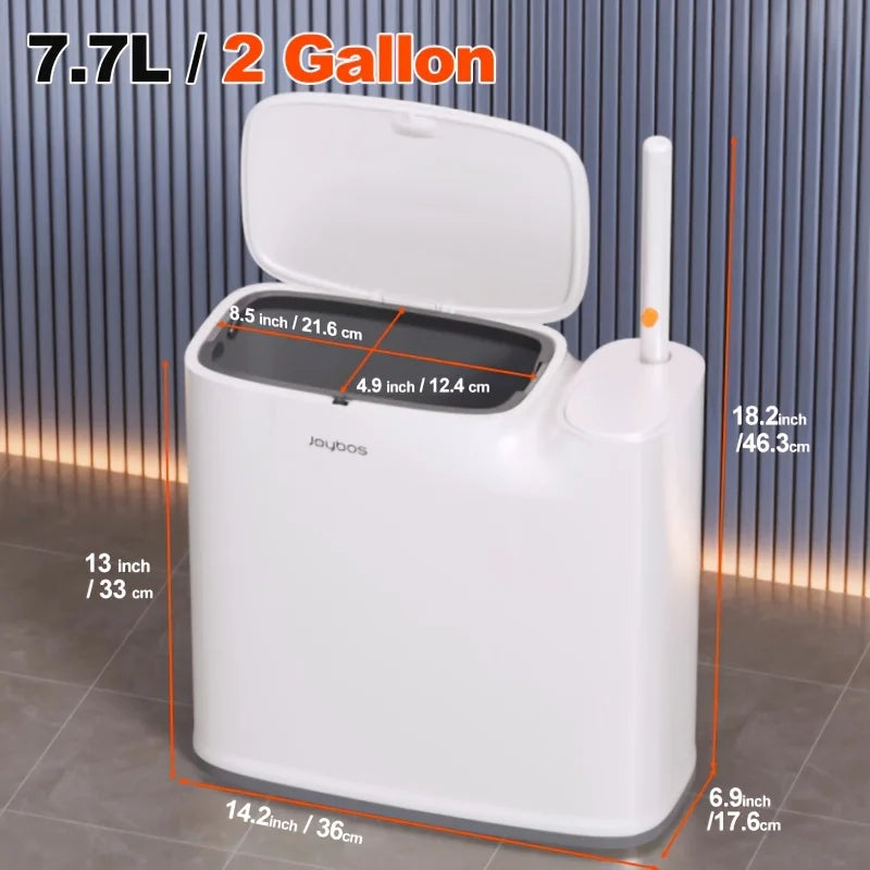 2-in-1 Trash Can With Toilet Brush And Brush Head | White Rectangular Modern Bathroom Narrow Seam Trash Can With Push-On Lid
