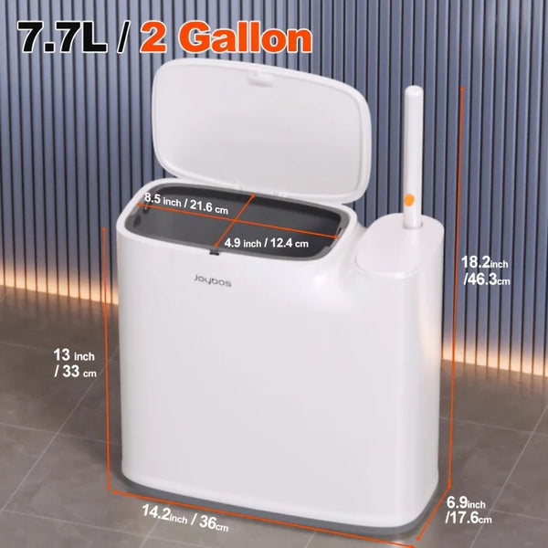 2-in-1 Trash Can With Toilet Brush And Brush Head | White Rectangular Modern Bathroom Narrow Seam Trash Can With Push-On Lid