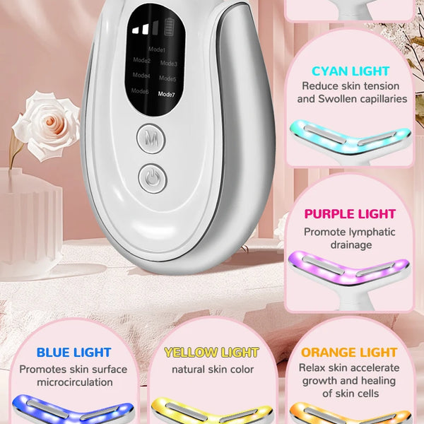 Neck Beauty Device 7 in 1 LED Therapy Microcurrent Anti Wrinkle Face Massager Deep Cleansing Hot Compress for Skin Rejuvenation