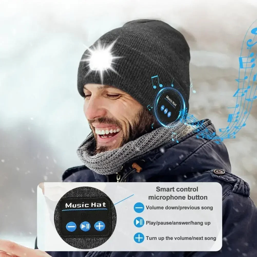 Bluetooth LED Light Beanie – USB Rechargeable Music Knitted Cap with 3-Level Adjustable Headlamp for Night Running, Hiking & Fishing DealNede™